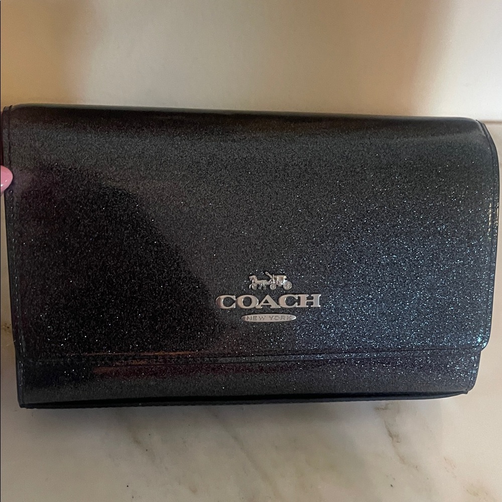 COACH Black Glitter  Clutch with Silver Logo